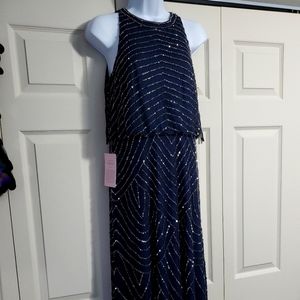 Adrianna Papell Navy Blue High Neck Beaded Dress
